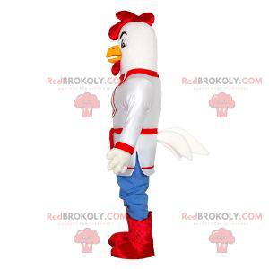 Mascot gallo blanco vestido con un kimono. Mascota de pollo -