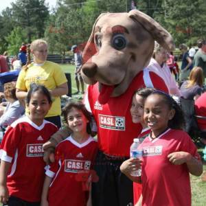 Brown dog mascot in red sportswear - Redbrokoly.com