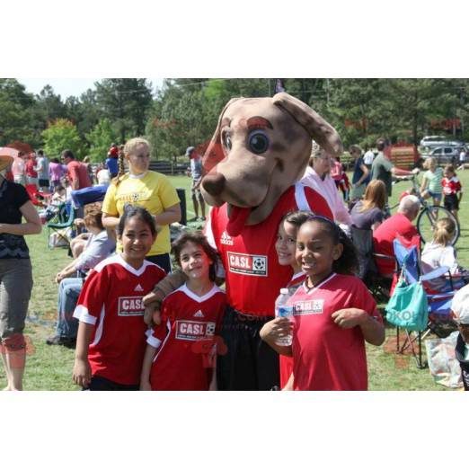 Brązowy pies maskotka w czerwonej odzieży sportowej -