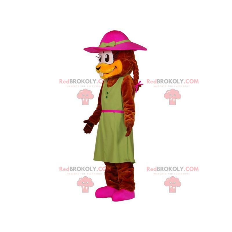 Beaver mascot dressed in a dress with a hat - Redbrokoly.com