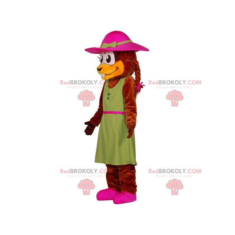 Bever mascotte gekleed in een jurk met een hoed - Redbrokoly.com