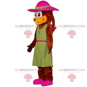 Beaver mascot dressed in a dress with a hat - Redbrokoly.com
