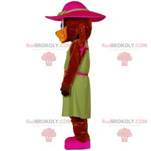 Biber Maskottchen in einem Kleid mit Hut gekleidet -