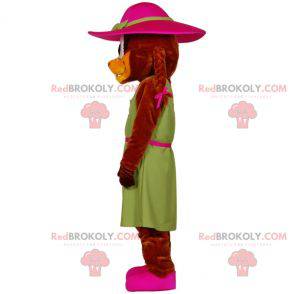 Mascota de castor vestida con un vestido con sombrero -