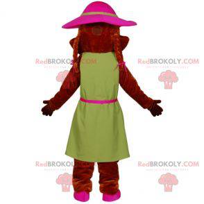 Biber Maskottchen in einem Kleid mit Hut gekleidet -