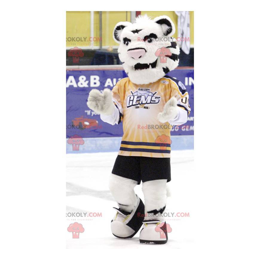 White and black tiger mascot in sportswear - Redbrokoly.com
