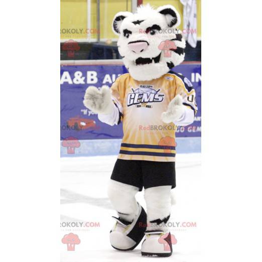 Mascote tigre branco e preto em roupas esportivas -