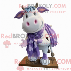 Fantasia de mascote de vaca lavanda com cardigã e presilhas para cachecol - Mascotes Vaca Hereford - RedBrokoly.com