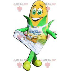 Giant corn ear mascot with green eyes and an apron -