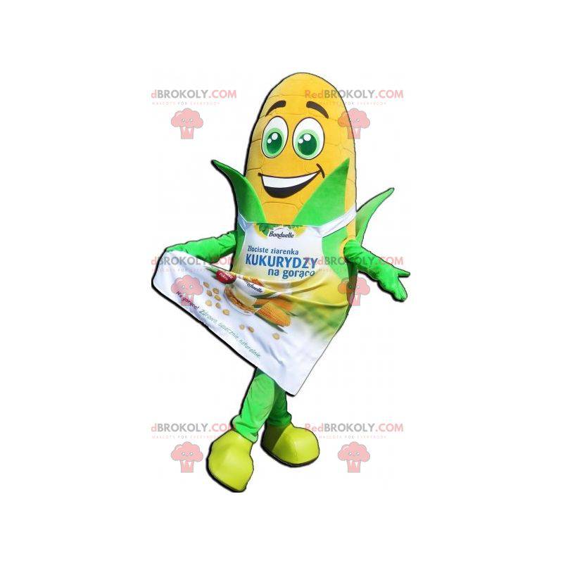 Giant corn ear mascot with green eyes and an apron -