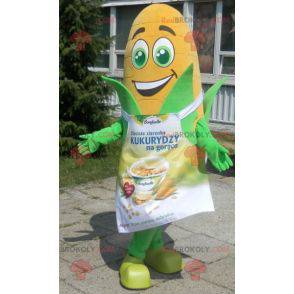 Giant corn ear mascot with green eyes and an apron -