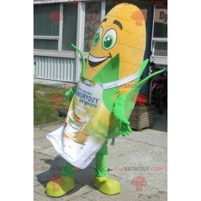Mascota de mazorca de maíz gigante con ojos verdes y un