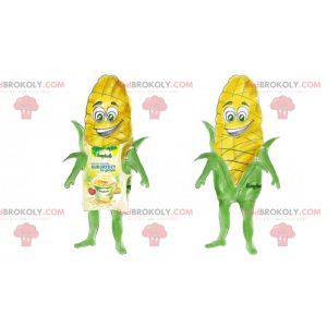 Giant corn ear mascot with green eyes and an apron -