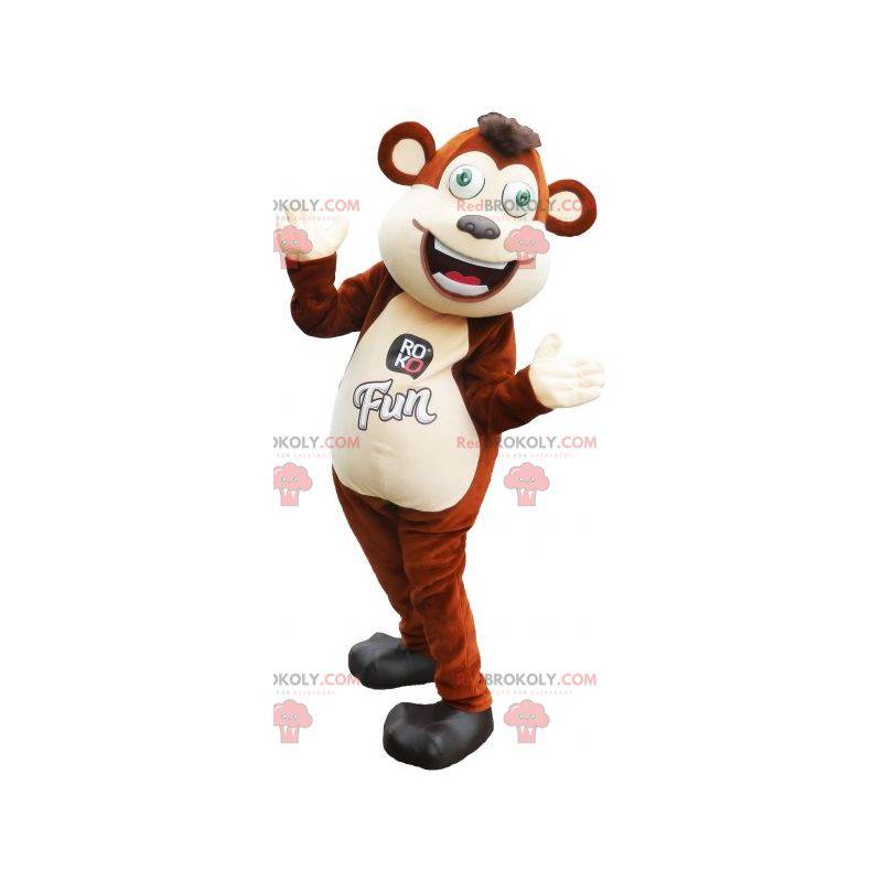 Gran mascota mono marrón y blanco con ojos verdes -