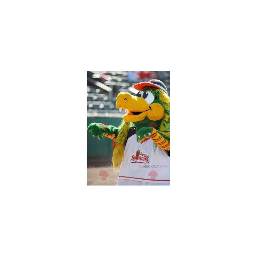 Mascota de cocodrilo verde y amarillo con trenzas -
