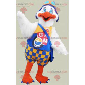 Mascot large white and orange bird with a colorful outfit -