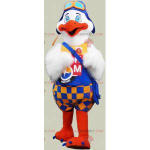 Mascot grote witte en oranje vogel met een kleurrijke outfit -