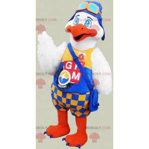 Mascot grote witte en oranje vogel met een kleurrijke outfit -