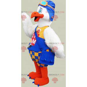 Mascot large white and orange bird with a colorful outfit -