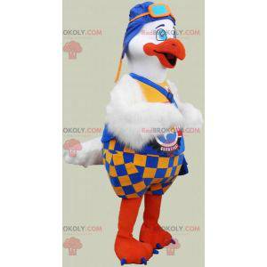 Mascot gran pájaro blanco y naranja con un traje colorido -