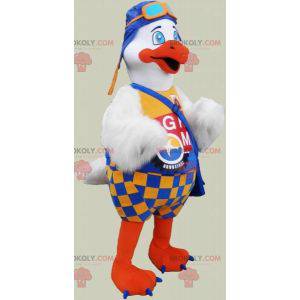 Mascot gran pájaro blanco y naranja con un traje colorido -