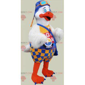 Mascot gran pájaro blanco y naranja con un traje colorido -