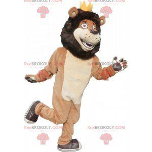 Mascotte de lion noir beige et blanc avec une couronne -