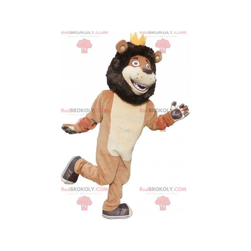 Mascotte de lion noir beige et blanc avec une couronne -