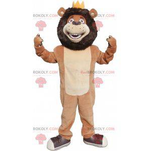 Mascotte de lion noir beige et blanc avec une couronne -