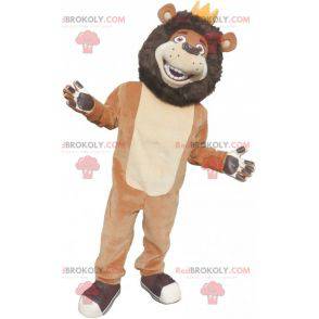 Mascotte de lion noir beige et blanc avec une couronne -