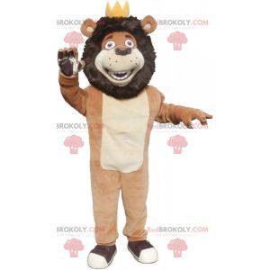 Mascotte de lion noir beige et blanc avec une couronne -