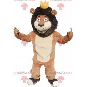 Mascotte de lion noir beige et blanc avec une couronne -