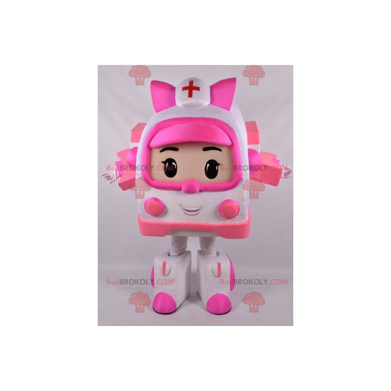 Mascota de ambulancia blanca y rosa Transformers way -