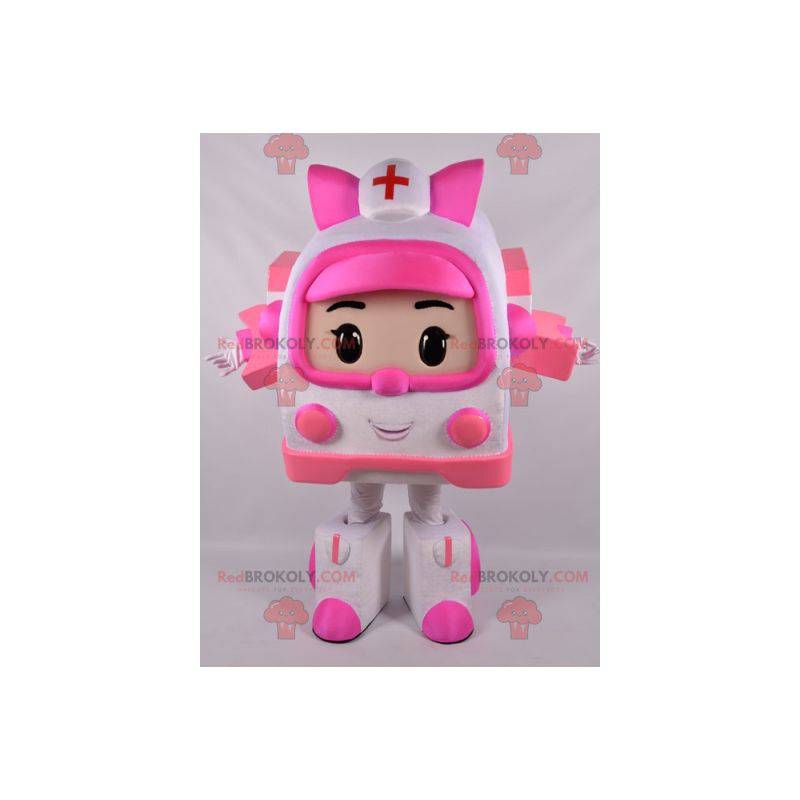 Mascote da ambulância branca e rosa Transformers way -