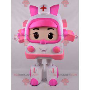 Mascota de ambulancia blanca y rosa Transformers way -