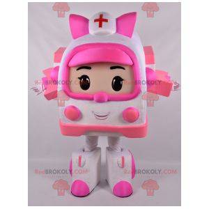 Mascote da ambulância branca e rosa Transformers way -