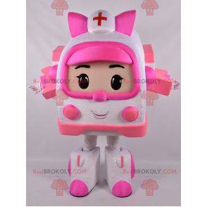 Mascota de ambulancia blanca y rosa Transformers way -