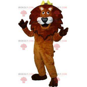 Brown and white lion mascot with a crown on his head -