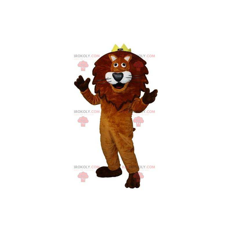 Hnědý a bílý lev maskot s korunou na hlavě - Redbrokoly.com