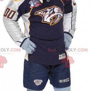 Mascotte de tigre bleu blanc et orange en tenue de sport -