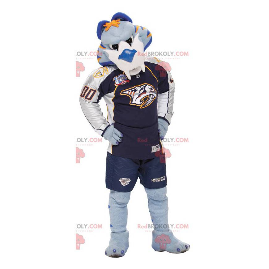 Mascot blauw wit en oranje tijger in sportkleding -
