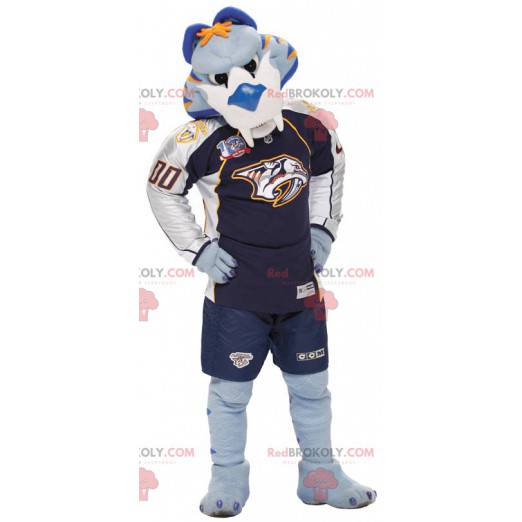 Maskot modrý bílý a oranžový tygr ve sportovním oblečení -
