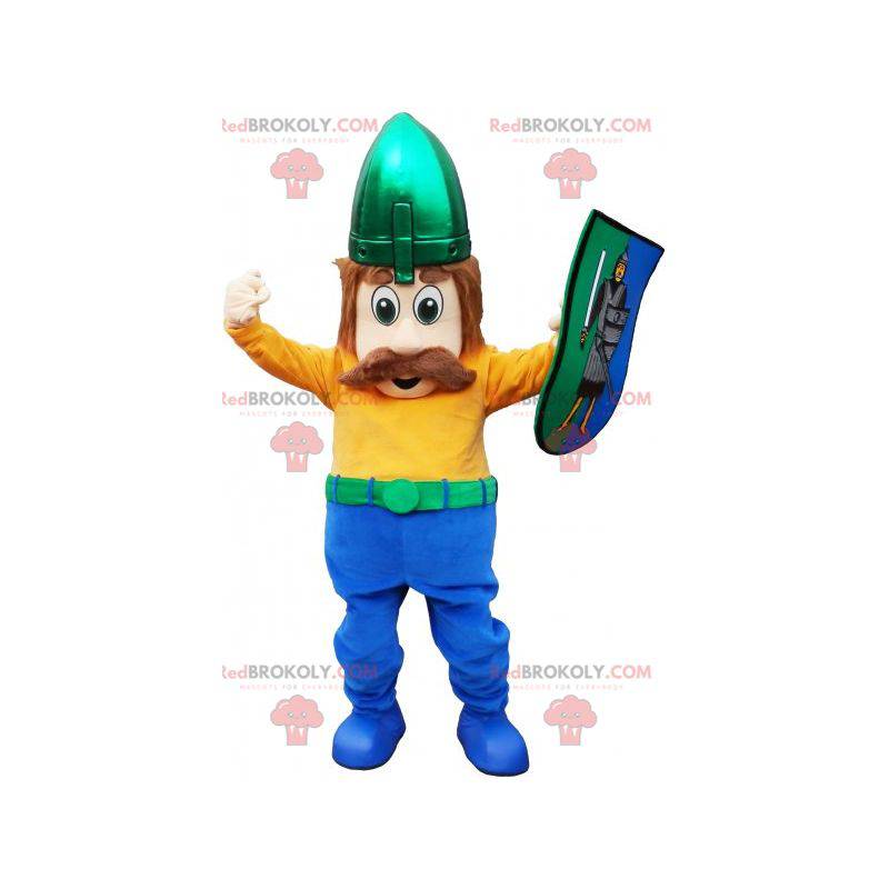 Mascote viking de bigode com capacete e escudo - Redbrokoly.com