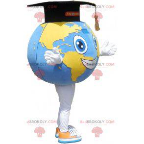Gigantyczna planeta ziemia maskotka z kapeluszem absolwenta -