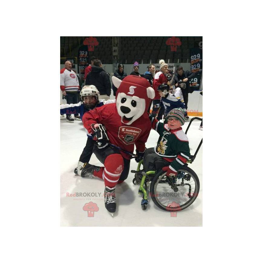 Eisbärenmaskottchen in roter Hockeyausrüstung - Redbrokoly.com