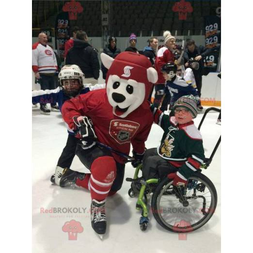 Maskot ledního medvěda v červené hokejové výbavě -