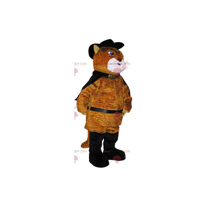Mascotte de gros chat marron en tenue de chat botté -