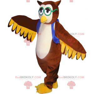 Mascotte de hibou marron avec un gilet et des lunettes -