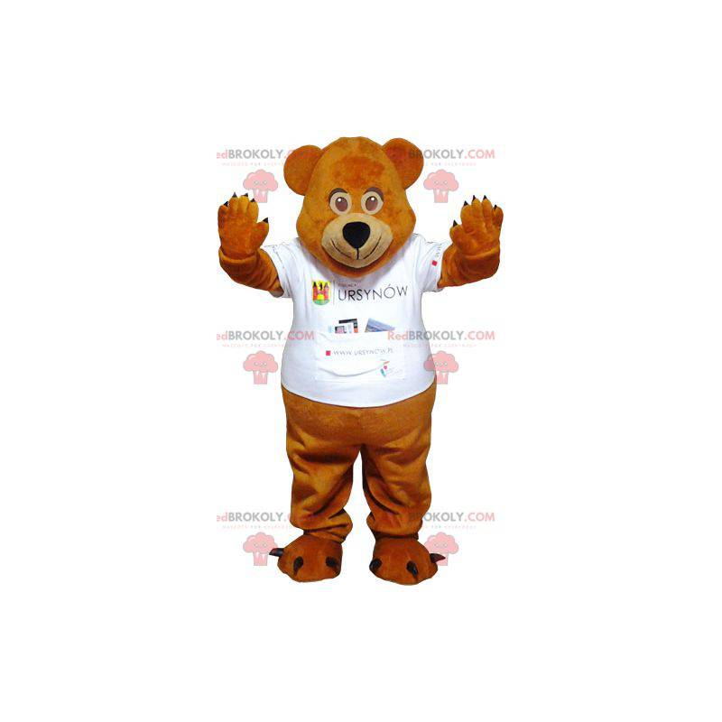 Mascotte bruine teddy met een wit t-shirt - Redbrokoly.com