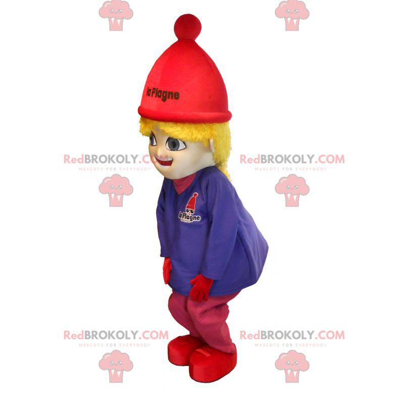 La Plagne maskot. Blond pige maskot i ski-outfit -